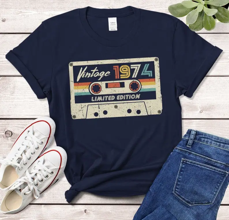 Vintage 1974  Cassette T-Shirt Made in 1974 48th birthday years old Gift for Mom Dad 48th birthday idea Classic shirt cotton y2k black t shirt