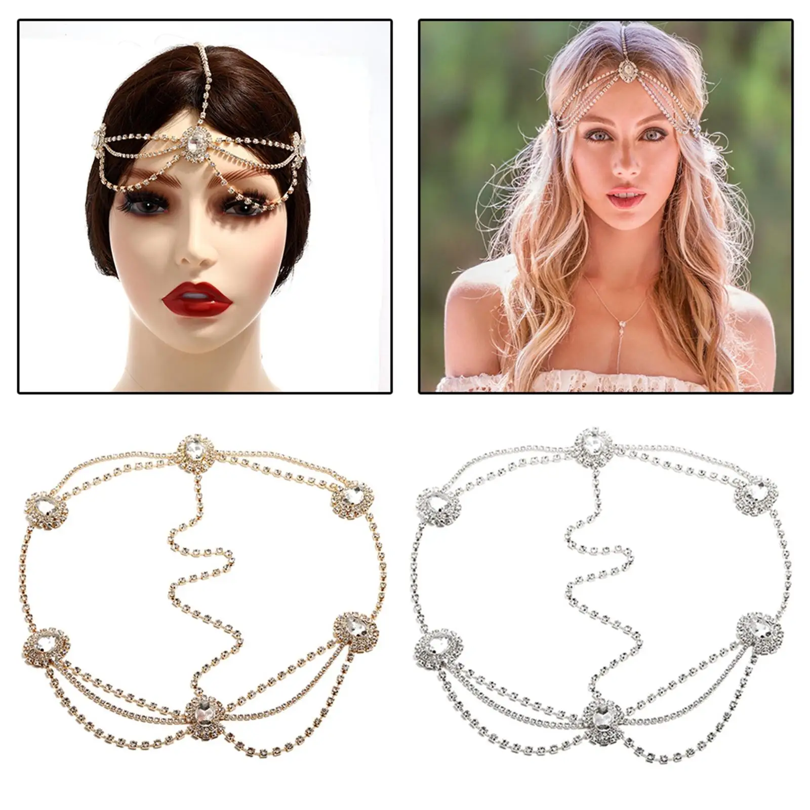 Head Chain Rhinestones Layered Jewelry Boho Glamorous Fashion for Party Prom