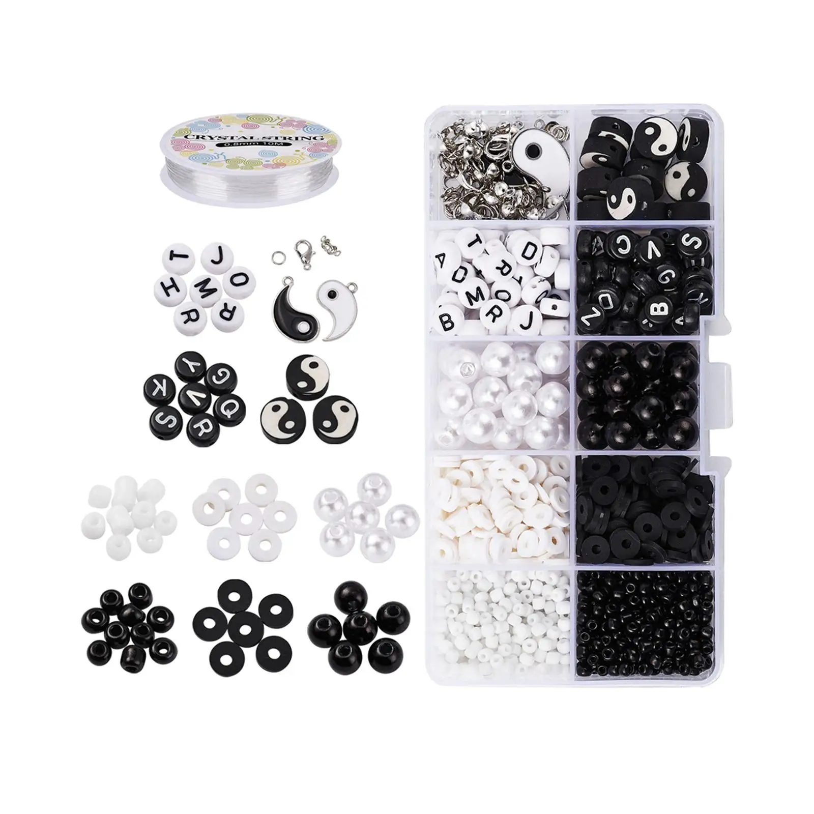 Yin Yang Polymer Clay Bead Set Jewelry Making Handmade Black White Charms for Bracelet Chains Rings Loose Beads with Strings