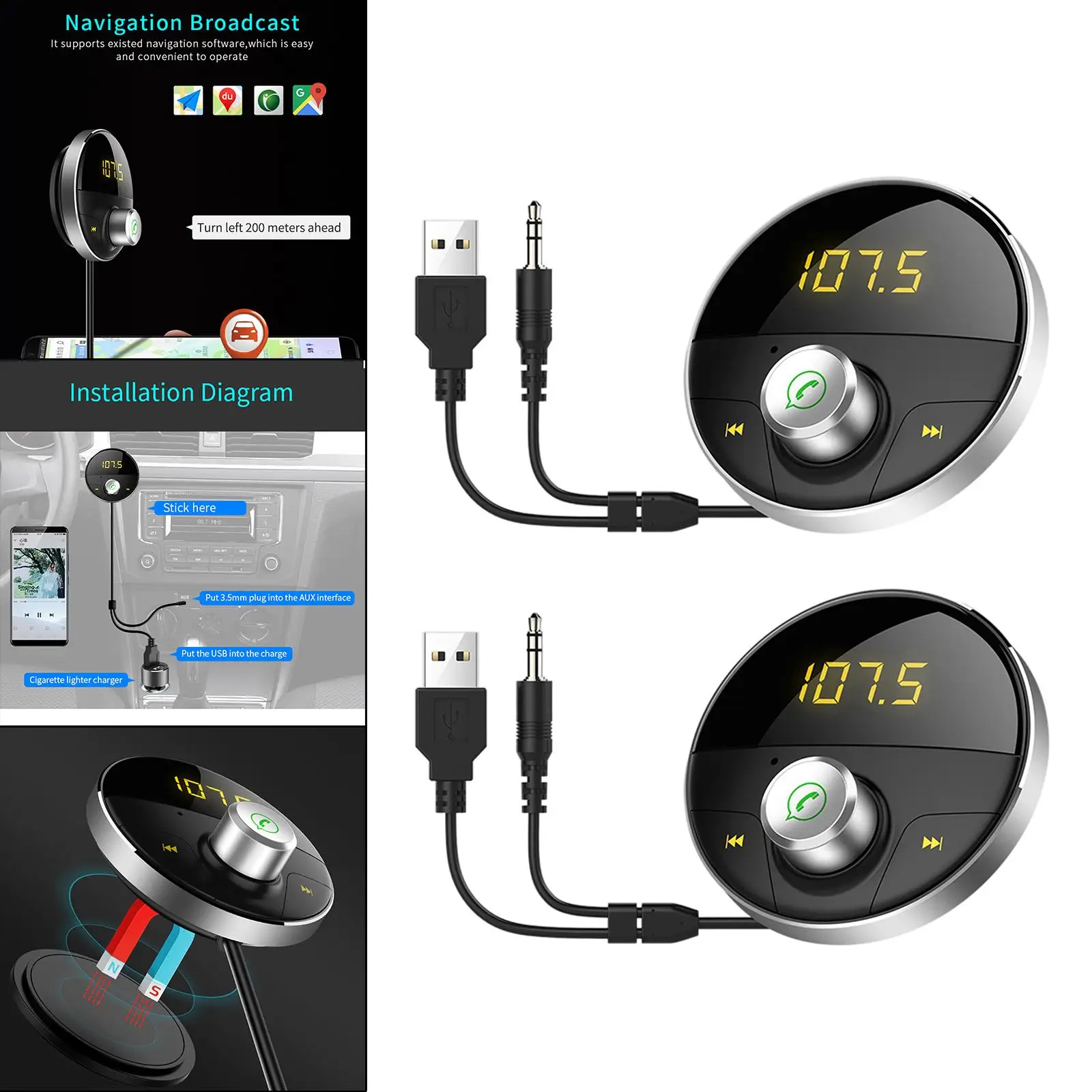 Car MP3 Player Wireless Bluetooth FM Radio Transmitter Set Magnetic Base