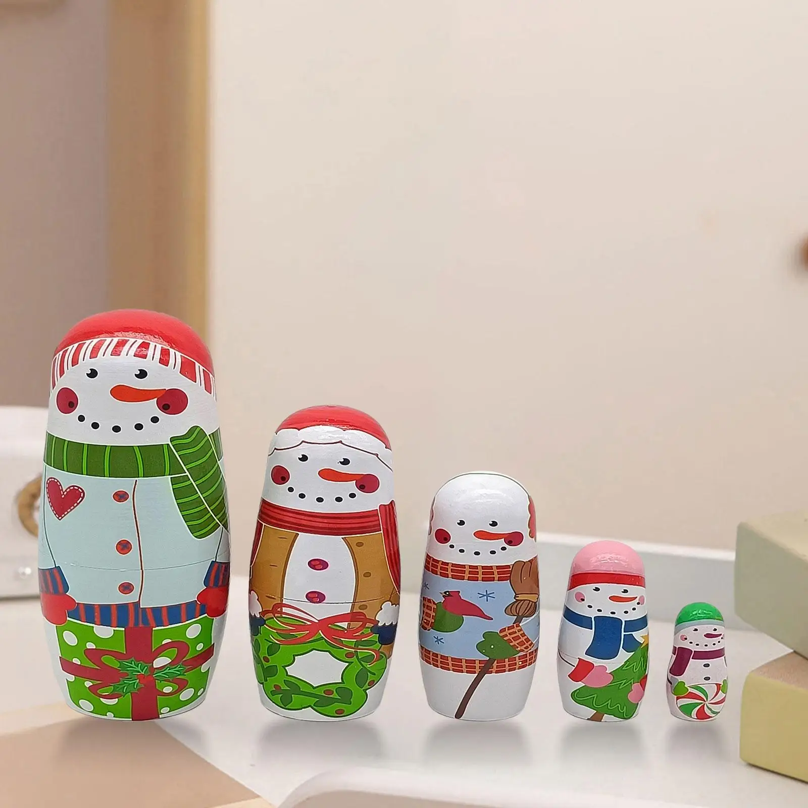 5Pcs Holiday Santa Snowman Nesting Doll Lovely for Birthday Christmas Office