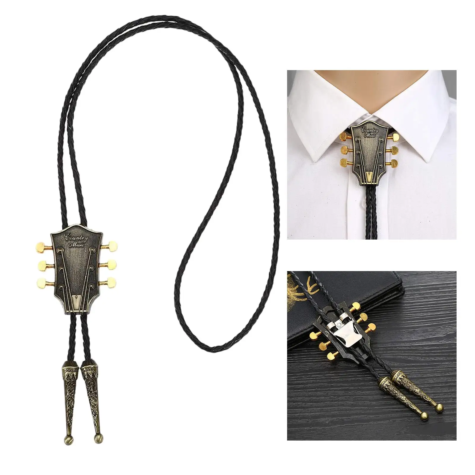Western Cowboy Music Guitar Head Bolo Tie Rodeo Necktie with Pu Leather Rope