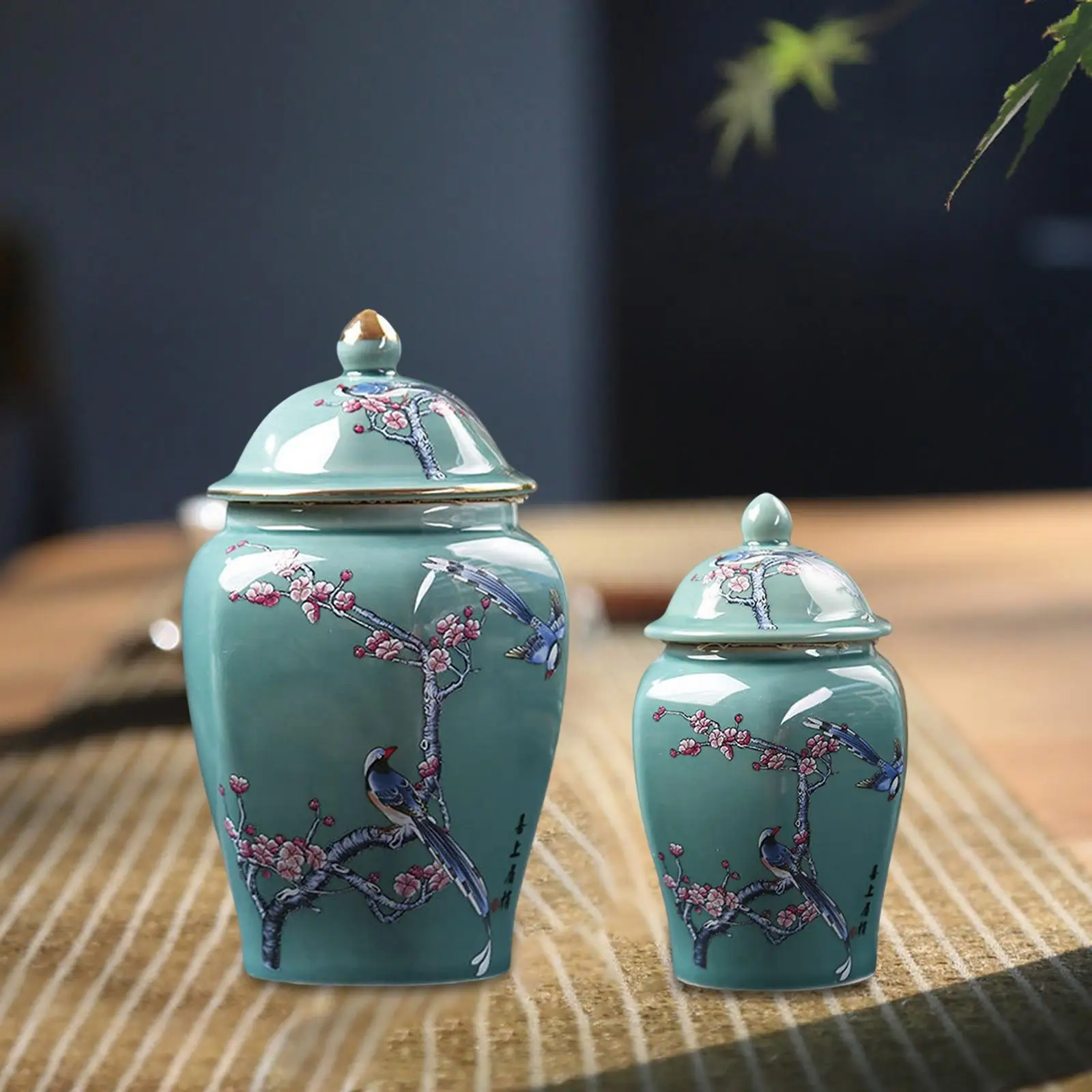 Ceramic Ginger Jar Tea Canister Flowerpot Oriental Ornament Handicraft Gift Holder Flower Vase for Wedding Countertop Home Decor