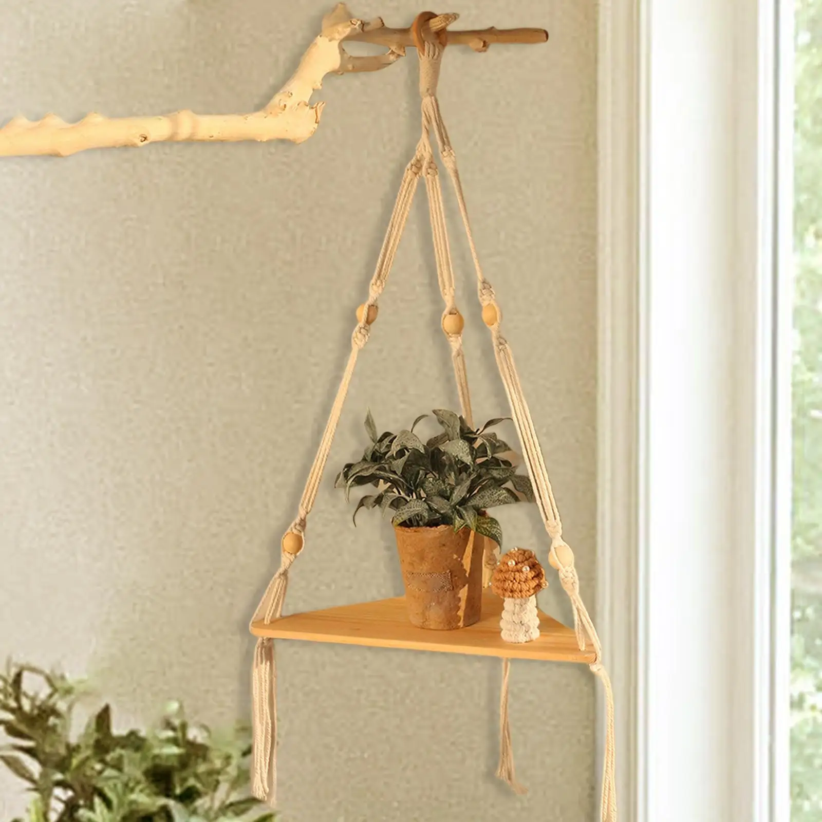 Macrame Hanging Shelf, Triangular Floating Shelf, Hand Woven