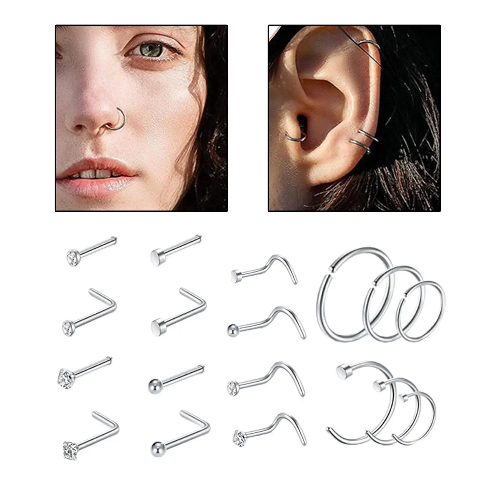 18Pcs Stainless Steel Studs Nose  Nose  for Womens Mens