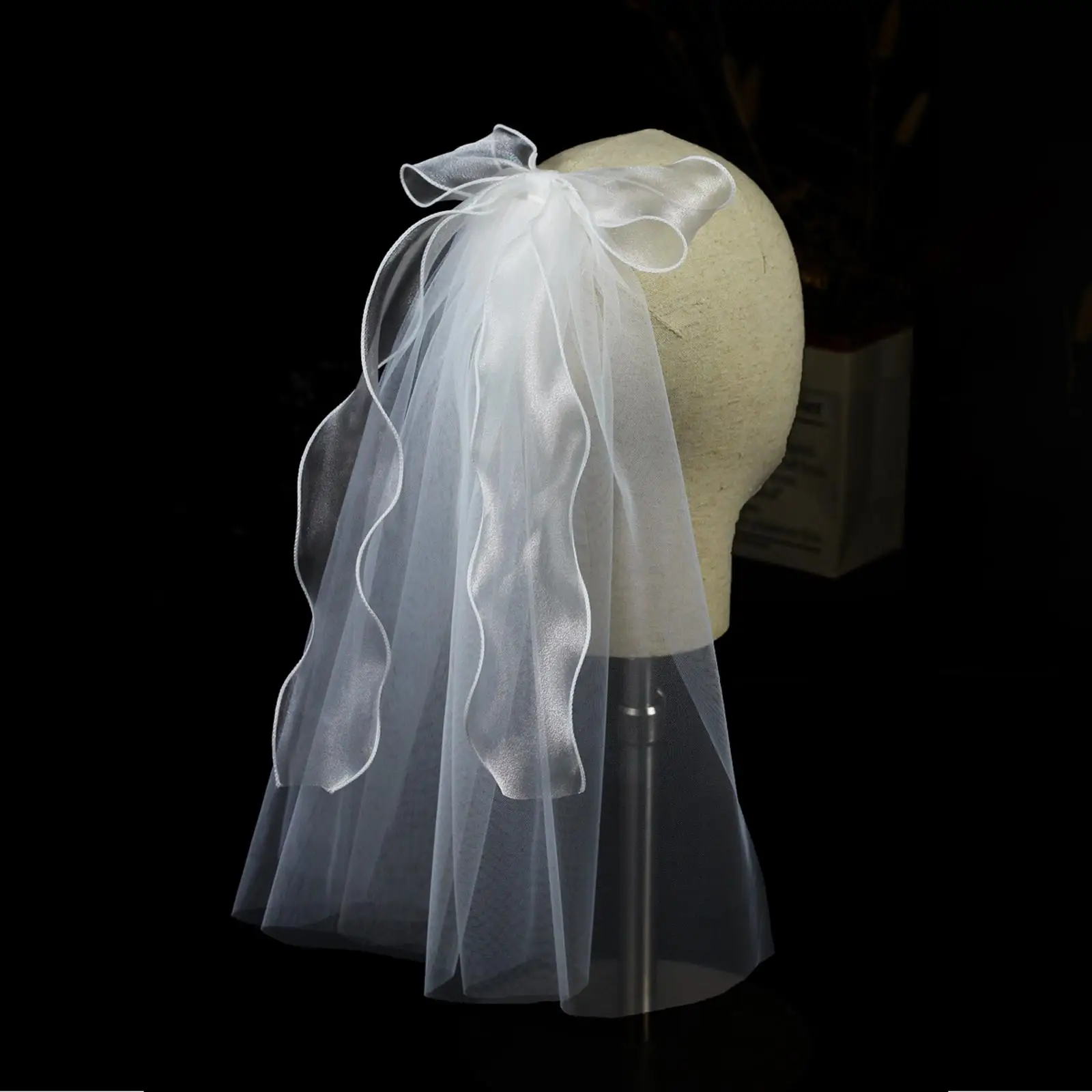 Women Bridal Short Tulle Veil Headwear Bow Simple Accessories Ribbon for Wedding Party Supplies Cathedral Engagement Chapel
