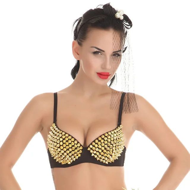  Women Steampunk Spike Studs Rivet Rhinestone Bra Party Club  Rave Sexy Sport Bralet Metallic Tops Clubwear Gold Performance Dancing Punk  Colorful Diamond Push Up Luxury up Pads Sets D24-Silver: Clothing, Shoes