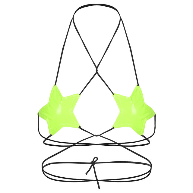 Sexy Women Leather Star Shape Strappy Bra Bustier Crop Top Bralette Hanging  Neck Bandage Bra Reflective