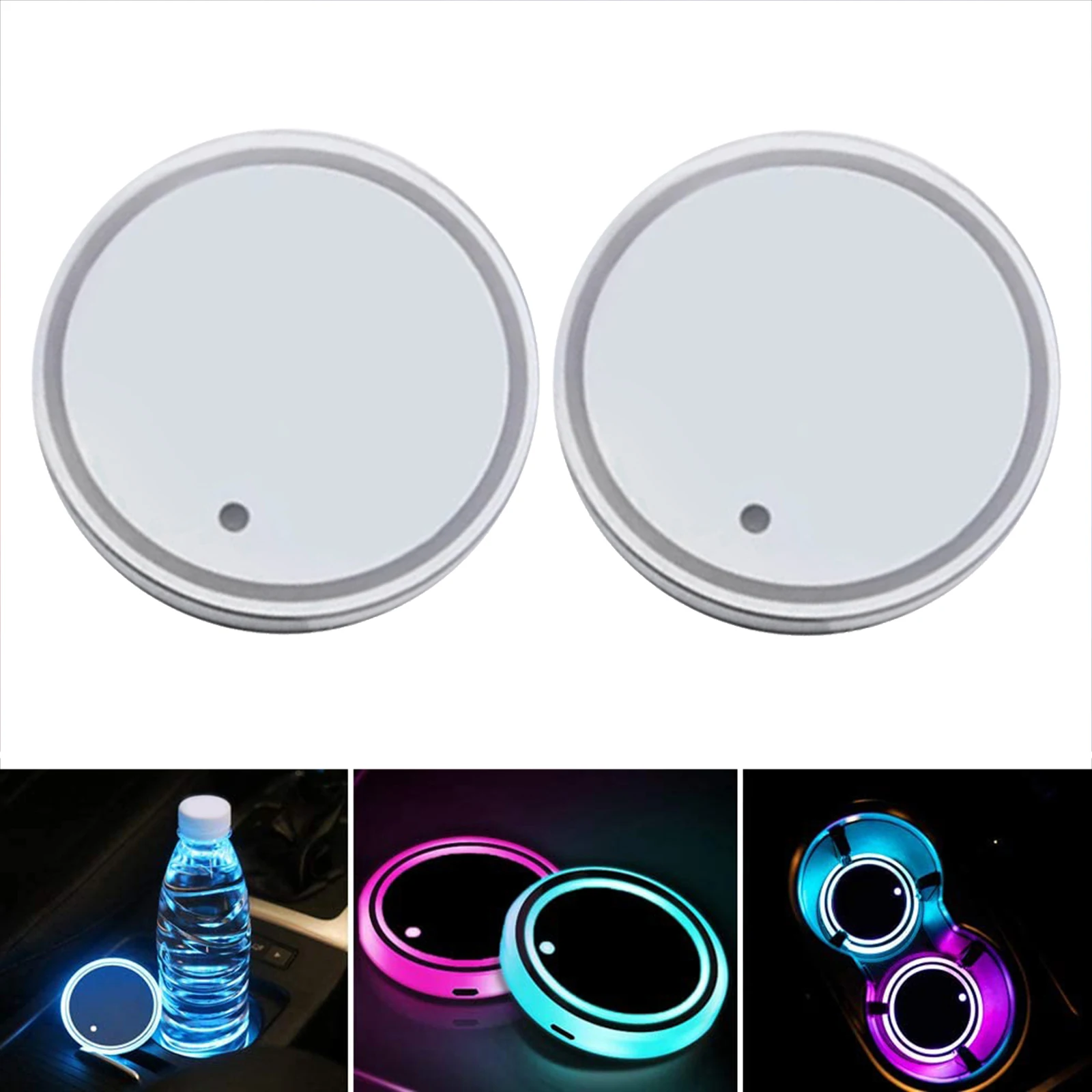 2PCS Car LED Cup Holder 7 Colors USB Charging Interior Decoration for Drink Mat