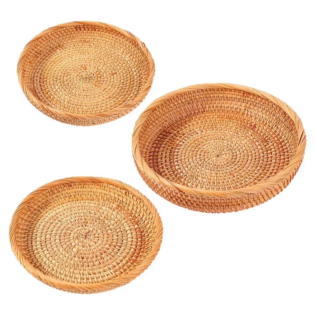 Wicker Hand-woven Round Snack, Vegetable Bread Basket Fruit Bowl Rattan Tray