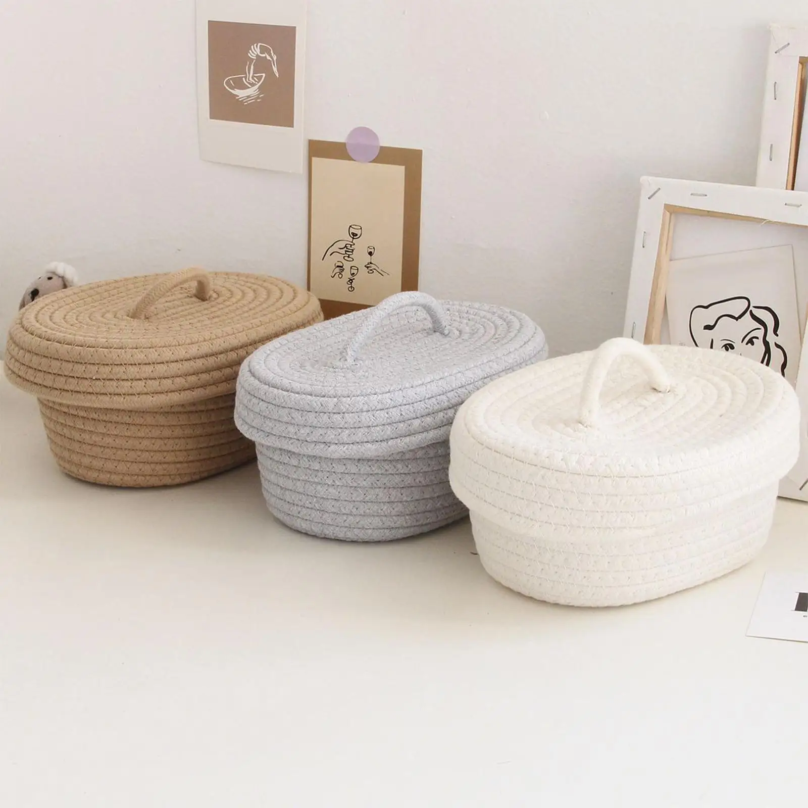 Woven Rope Basket Living Room Basket Container Shelf Basket Oval Desktop Organizer for Sundries Pet Products Books Makeup Fruits