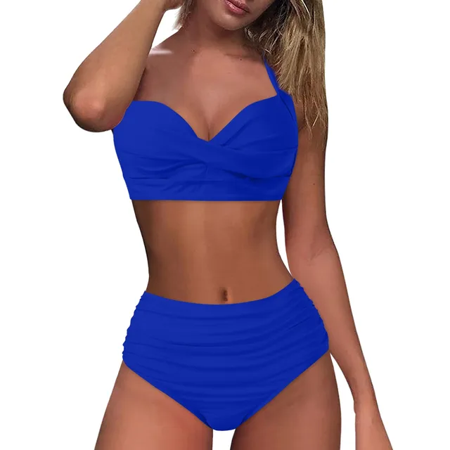 Royal Blue High Waisted Bikinis Set for Women Sexy U Wired Ruched Push Up  Tummy Control Full Coverage Swimsuits 2 Piece M