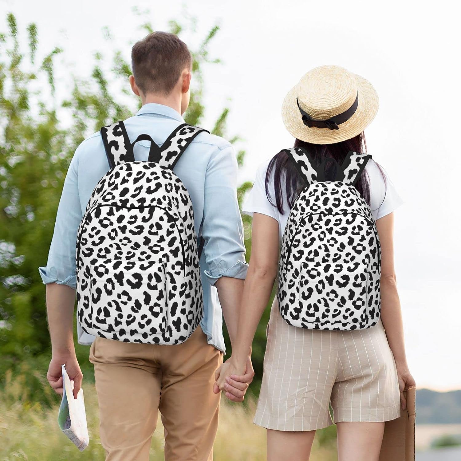 casual preto e branco, estampa leopardo, mochila