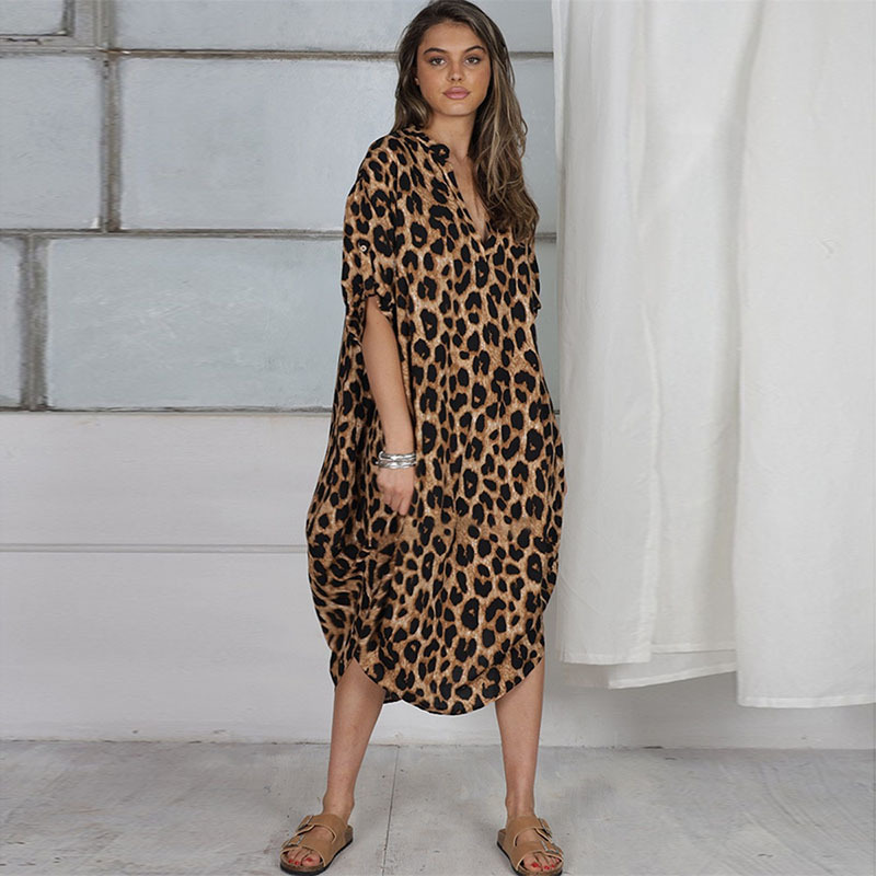 Kaftan leopardo bikini cover-ups casual com decote