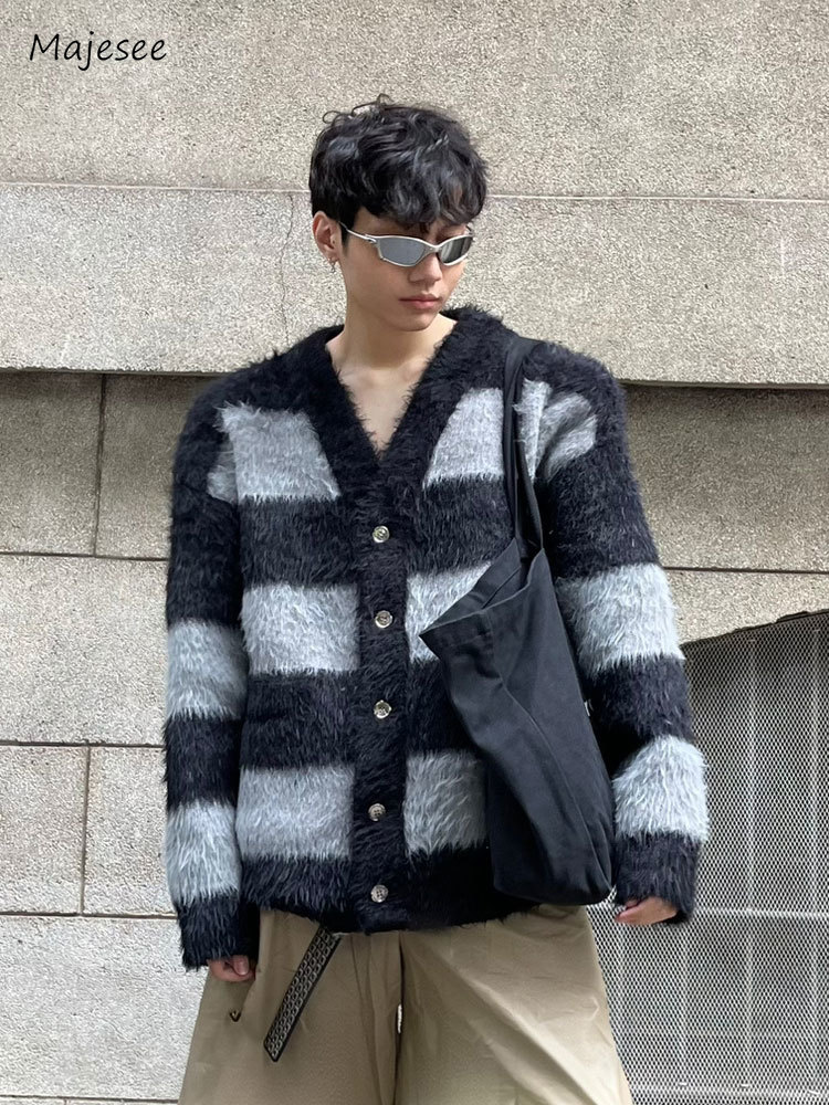 Description Picture 5 of itemStriped Cardigan Men Single Breasted Temperament Simple Handsome High Street Panelled Hipster Spring Autumn Advanced Popular
