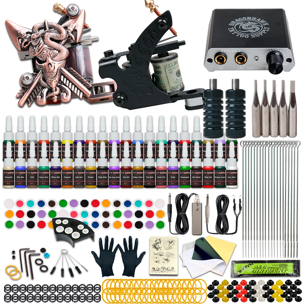 Best of Beginner Complete Tattoo Kit Machines Gun Black Ink Set Power Supply Grips Body Art Tools Set Permanent Makeup Tattoo Set Reviews & Tips