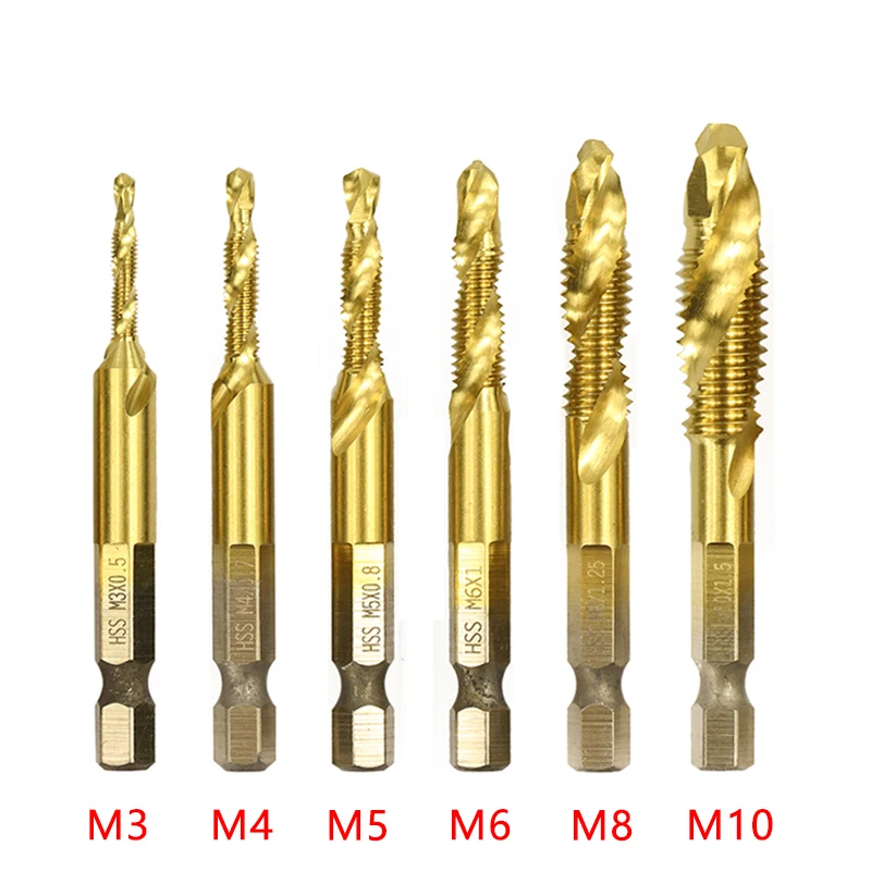 Description Picture 2 of itemTitanium Tap Drill Titanium Plated Hex Shank HSS Screw Thread Metric Tap Drill Bits Screw Machine Compound M3 M4 M5 M6 M8 M10