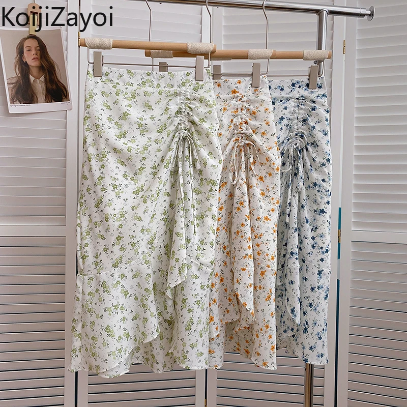 Koijizayoi Floral Skirt Women Spring 2022 Korean Irregular Pleated A-line High Waist Midi Skirts Sweet Summer Drawstring Faldas midi skirt