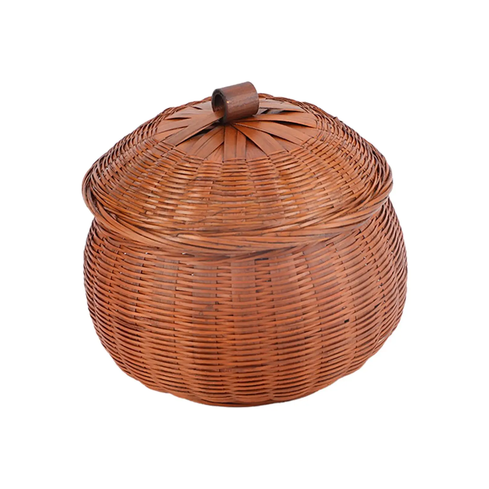 Round Rattan Storage Box Smooth with Cover Sundries Container Handwoven Pumpkin Basket for Cafe Cake Shops Family Home Offices