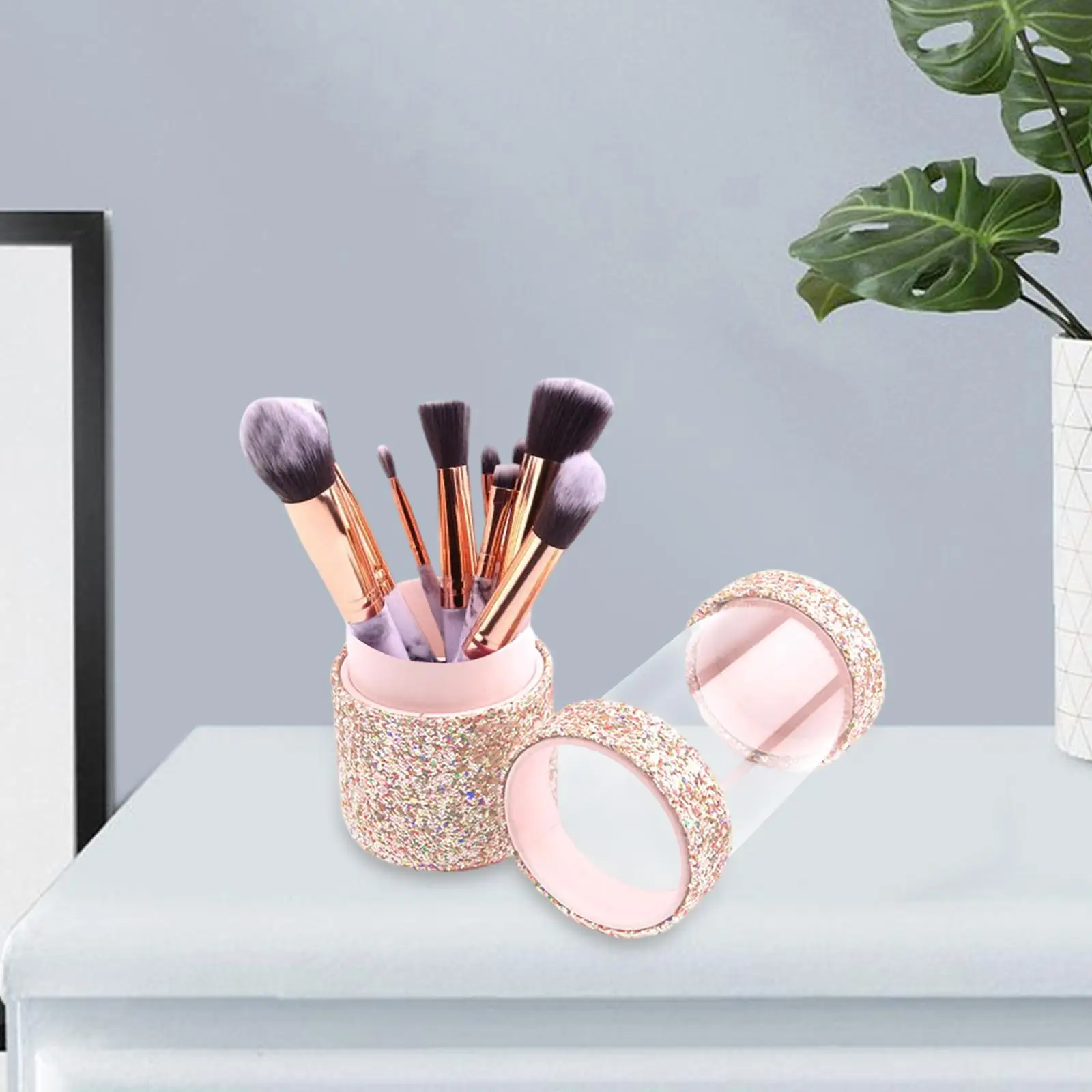 PU Glitter Makeup Brush Holder Dustproof Large Capacity Transparent Bling Case Cylinder for Cosmetics Vanity Lipstick Desktop