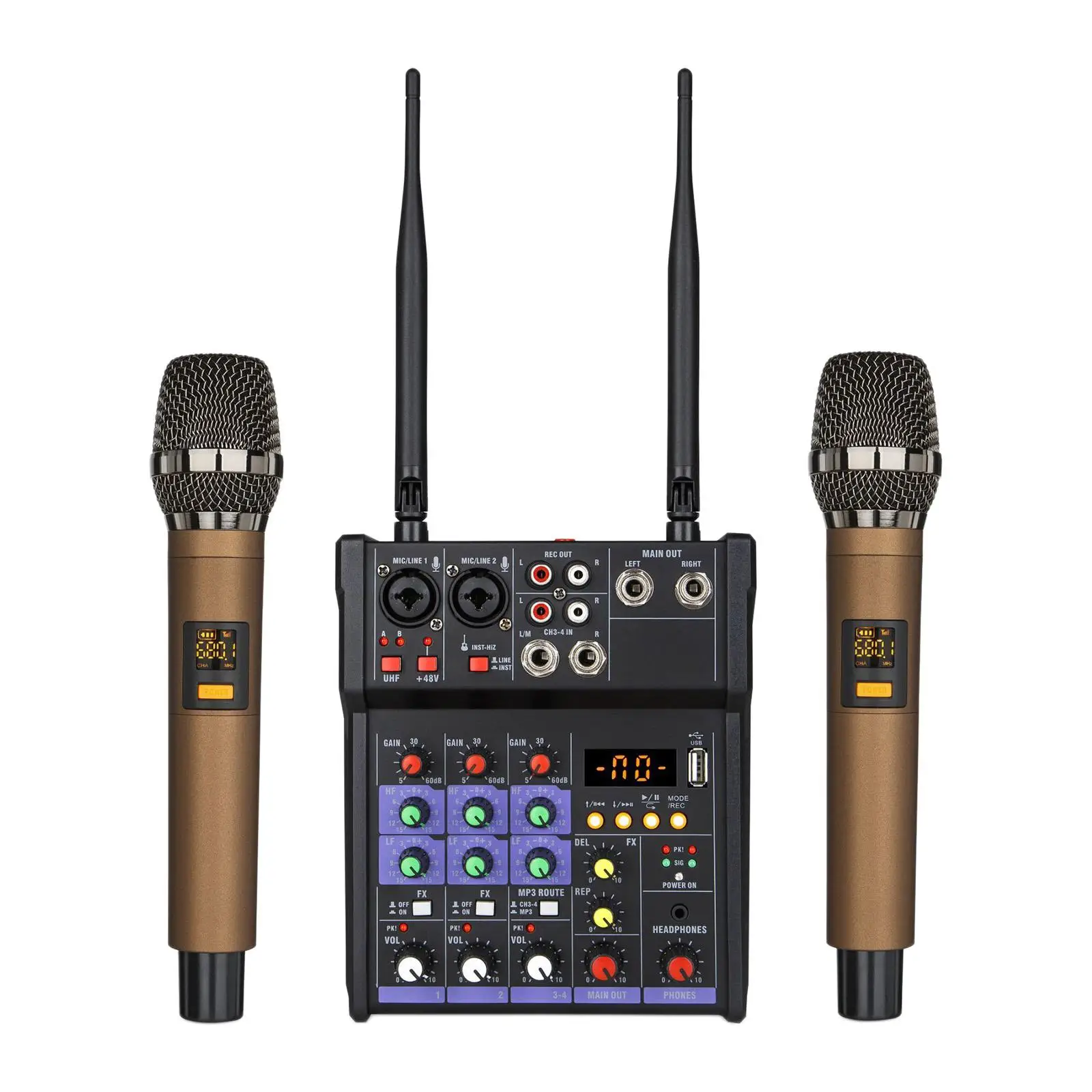 Professional 4 Channel Audio Mixer Console 2x Microphones Karaoke Recording studio Sound Mixers for Audio Power Amplifier