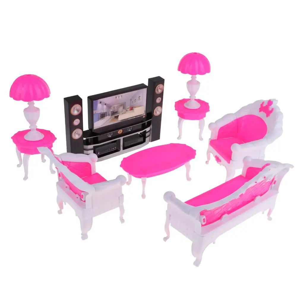 7PCS Dollhouse Miniature Furniture Set End Table Sofa Table Lamp TV