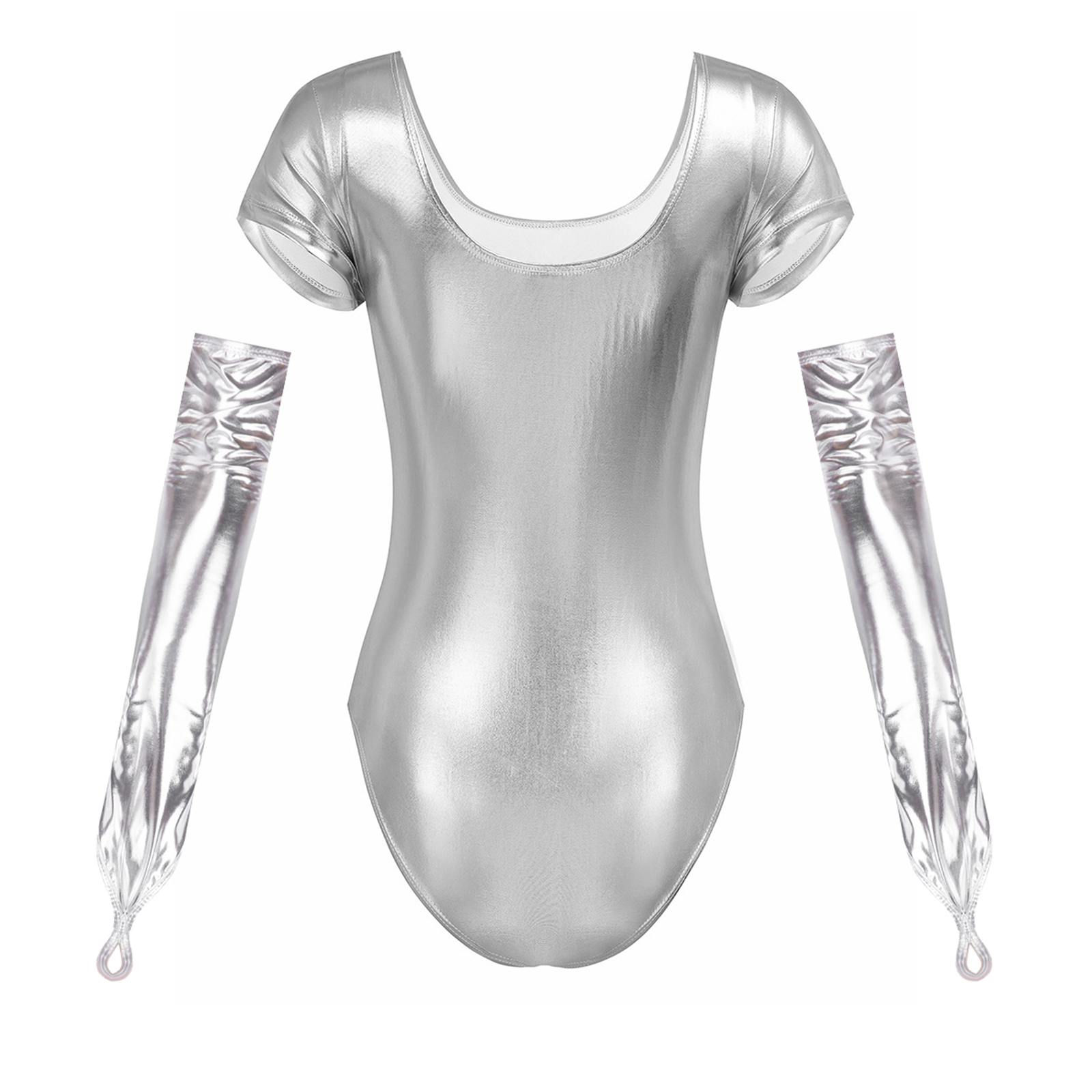 Damen glänzendes Lack leder Ballett Tanz kostüm Kurzarm einteiliger Trikot Body mit bogenlangen finger losen Handschuhen – Detail 10