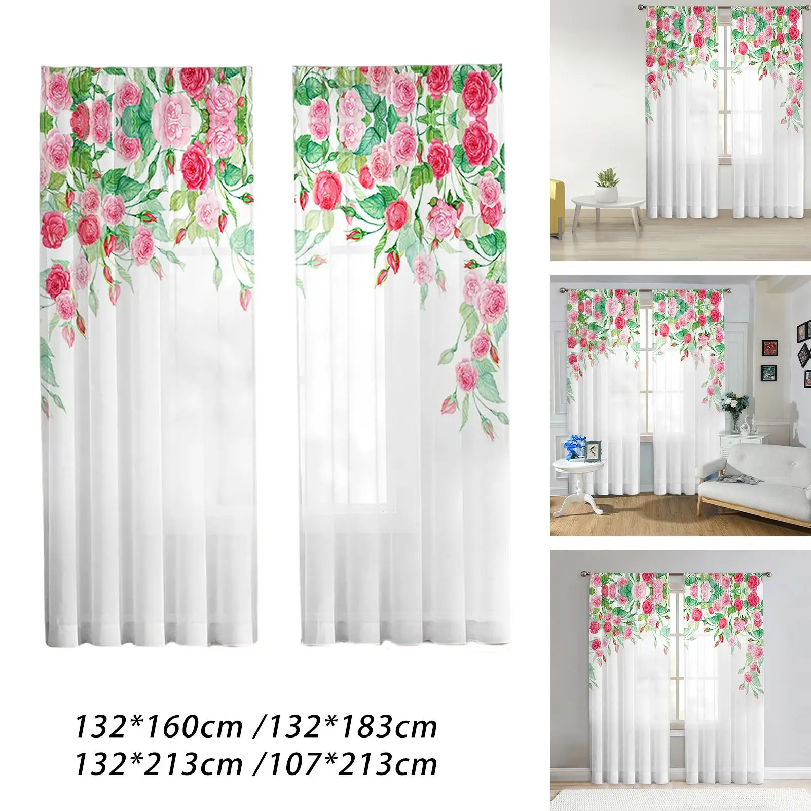 2x Printed Sheer Curtains Tulle Window Drapes Floral White Sheer Curtain for Dining Room Office Farmhouse Kitchen Room