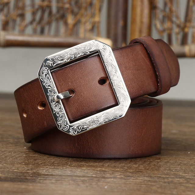 3.8cm Width Thick Retro Cowhide Genuine Leather Belt For Men Solid Brass  Copper Pin Buckle