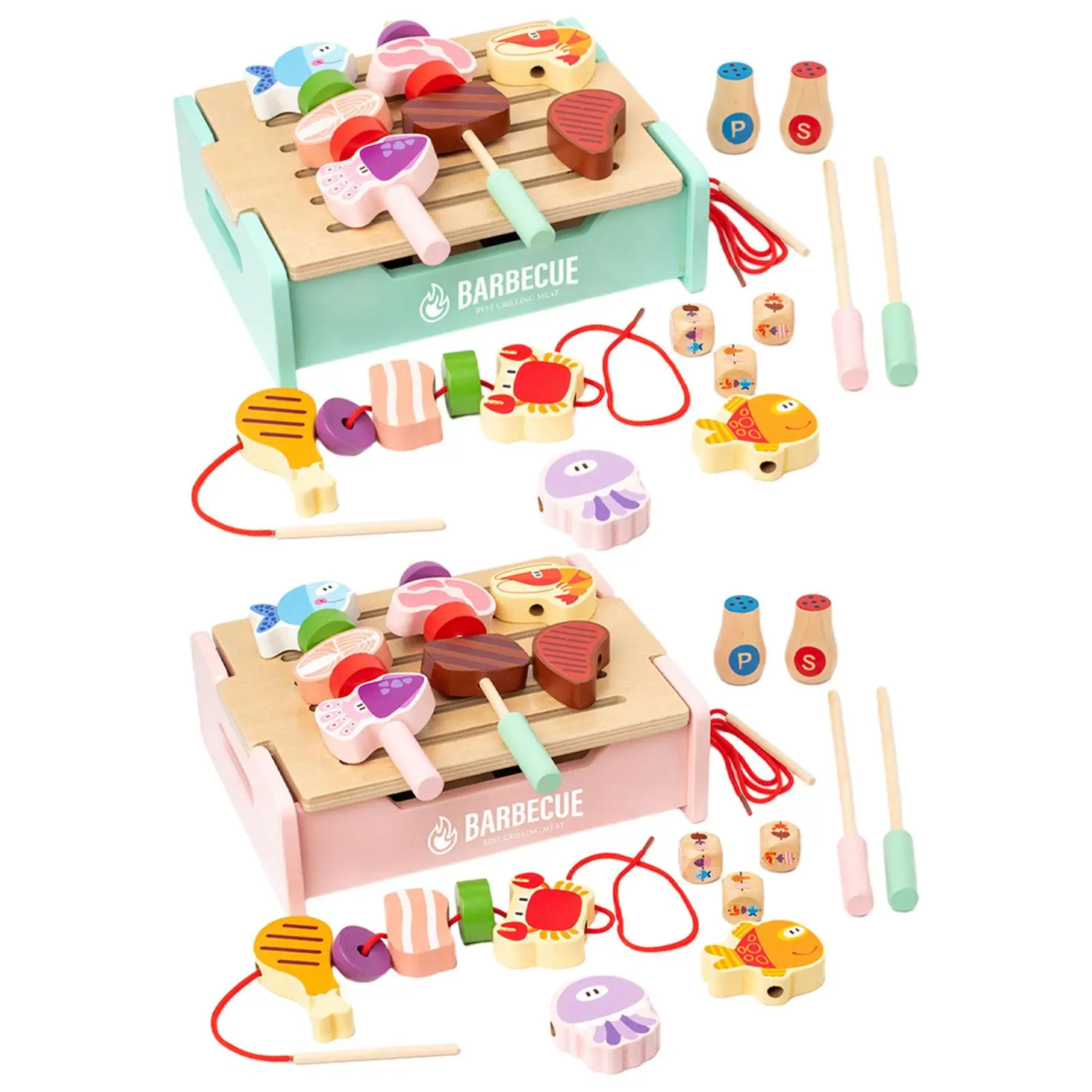 Wooden Toy BBQ Set Camping Cooking Playset for Kids Toddlers Age 3 4 5 6 7