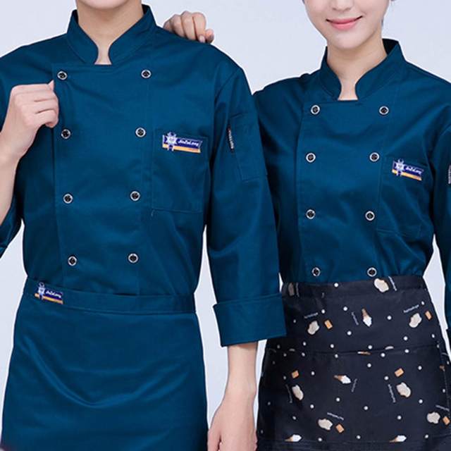 QWA Long Sleeve Man Western Restaurant Chef Jacket Woman Cafe Kitchen Work  Wear Bakery Cooking Tops Fast Food Chef Uniform (Color : Blue, Size 