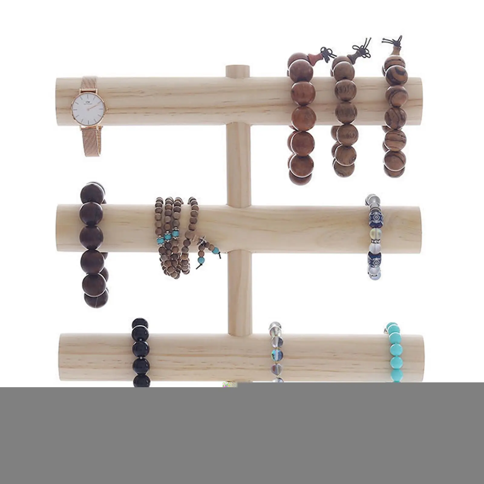 Desktop 3 Tiers Bracelets Display Stand Solid Wood Jewelry Rack for Hair Ropes Bangle Watches Photography Home Office Countertop