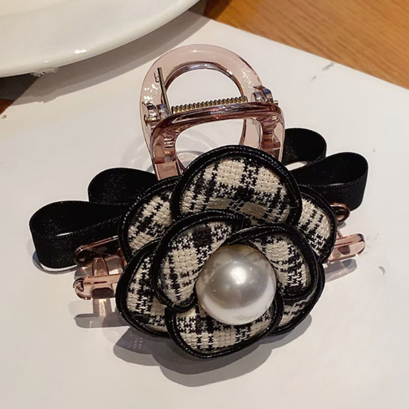 High-End Vintage Kamelie Blume Bogen Haars pange Klaue Ins Rückseite der Kopf Clips Mode neue Accessoires Barette Cheveux Fille – Detail 1