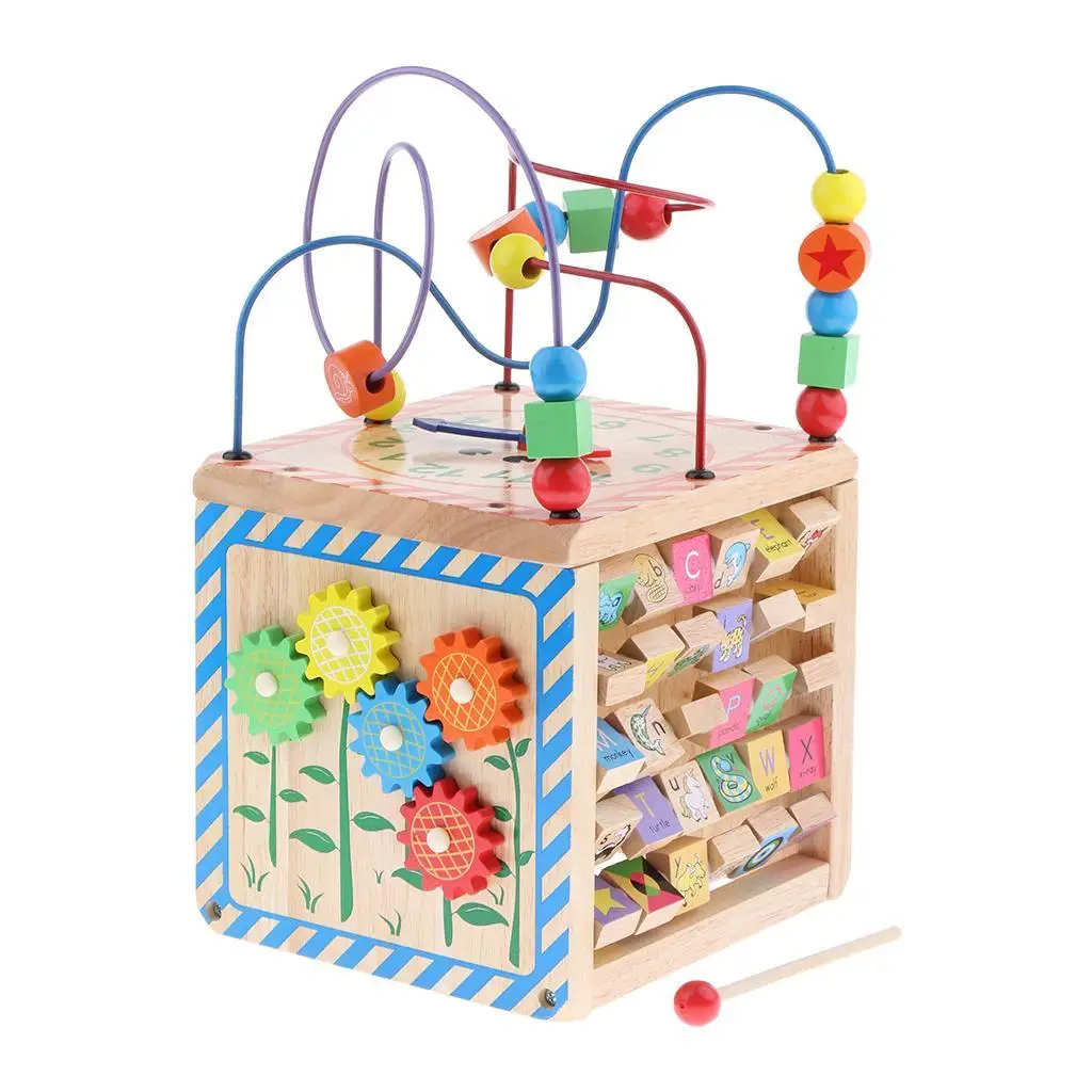 Multi-Function Wood Activity Cube  Center,Bead Maze Roller Coaster Toy