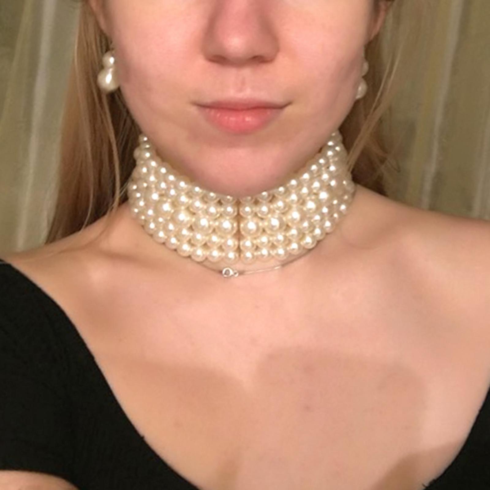 Pearl Choker Necklace and Earrings Imitation Pearl Wedding Statement Collar