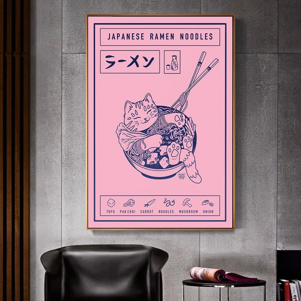 Japanese Ramen Painting Animal Cat Cartoon Classic Movie Posters Fancy Wall Sticker for Room Bar Decoration Room Wall Decor