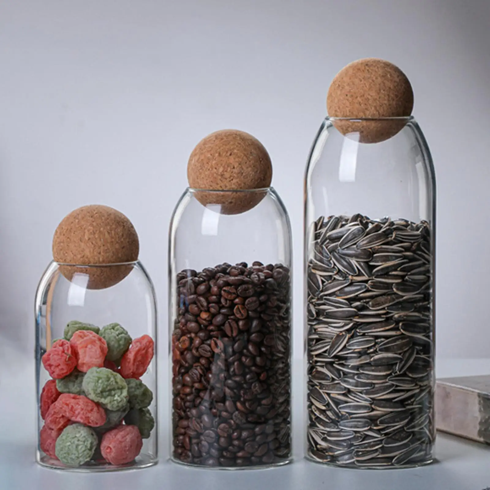 3 Pieces Transparent Storage Bottle Jars Cork Lid Organizer Container Cans Houseware Cylinder for Tea Sugar Pasta Coffee Cereal