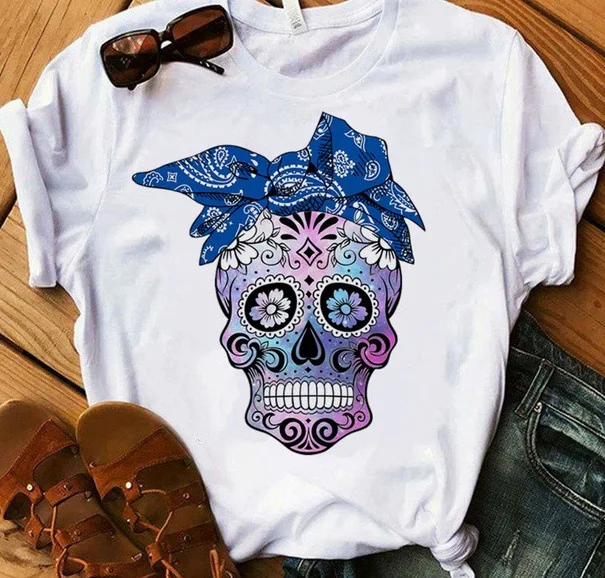 T-shirt Short Sleeve T-shirts Printing Vintage Style American Flag Bow Knot Skull display picture 2