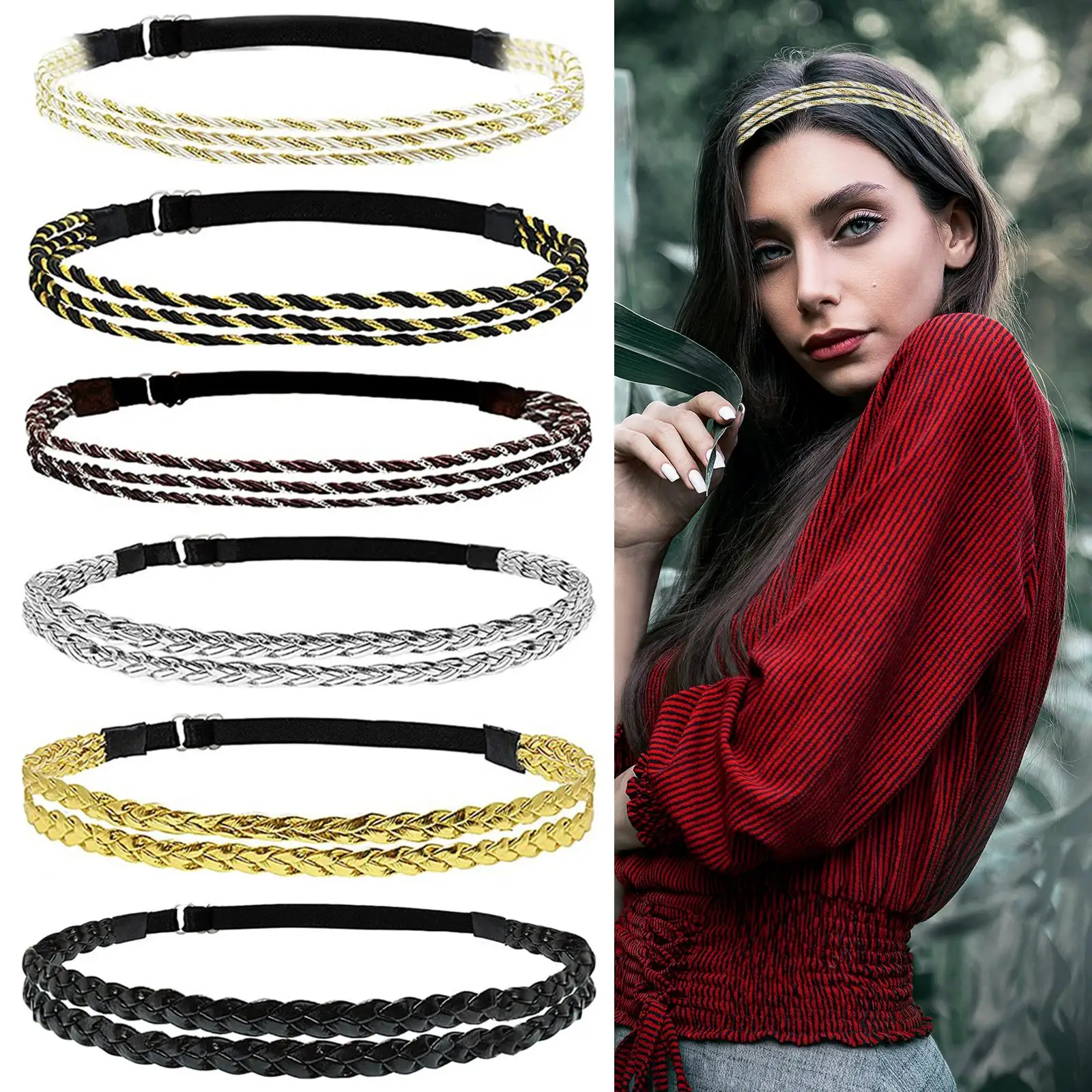 6 Pieces Braided Headbands with Double Braided and Triple Strand Bohemian Style Plaited No Slip Hair Band for Girl Women Running