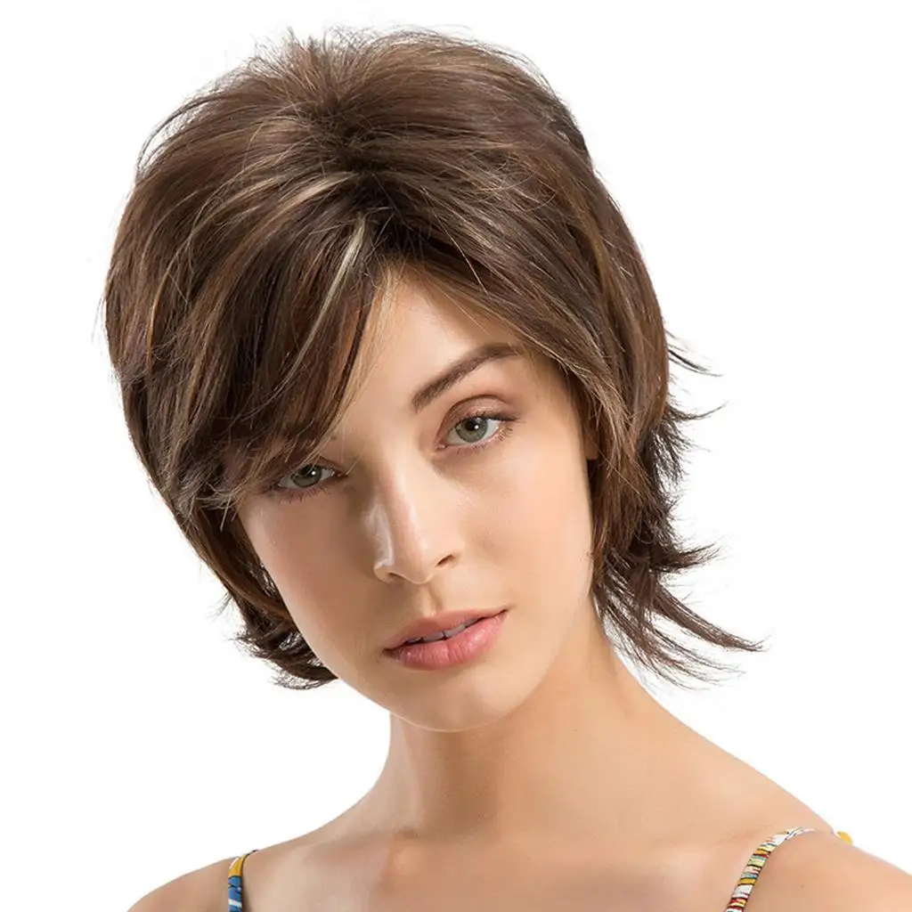 Charming Pixie Cut Wigs traight Wavy Layered Real Human Hair Full Wigs for Women Natural Looking Silky Blending Color