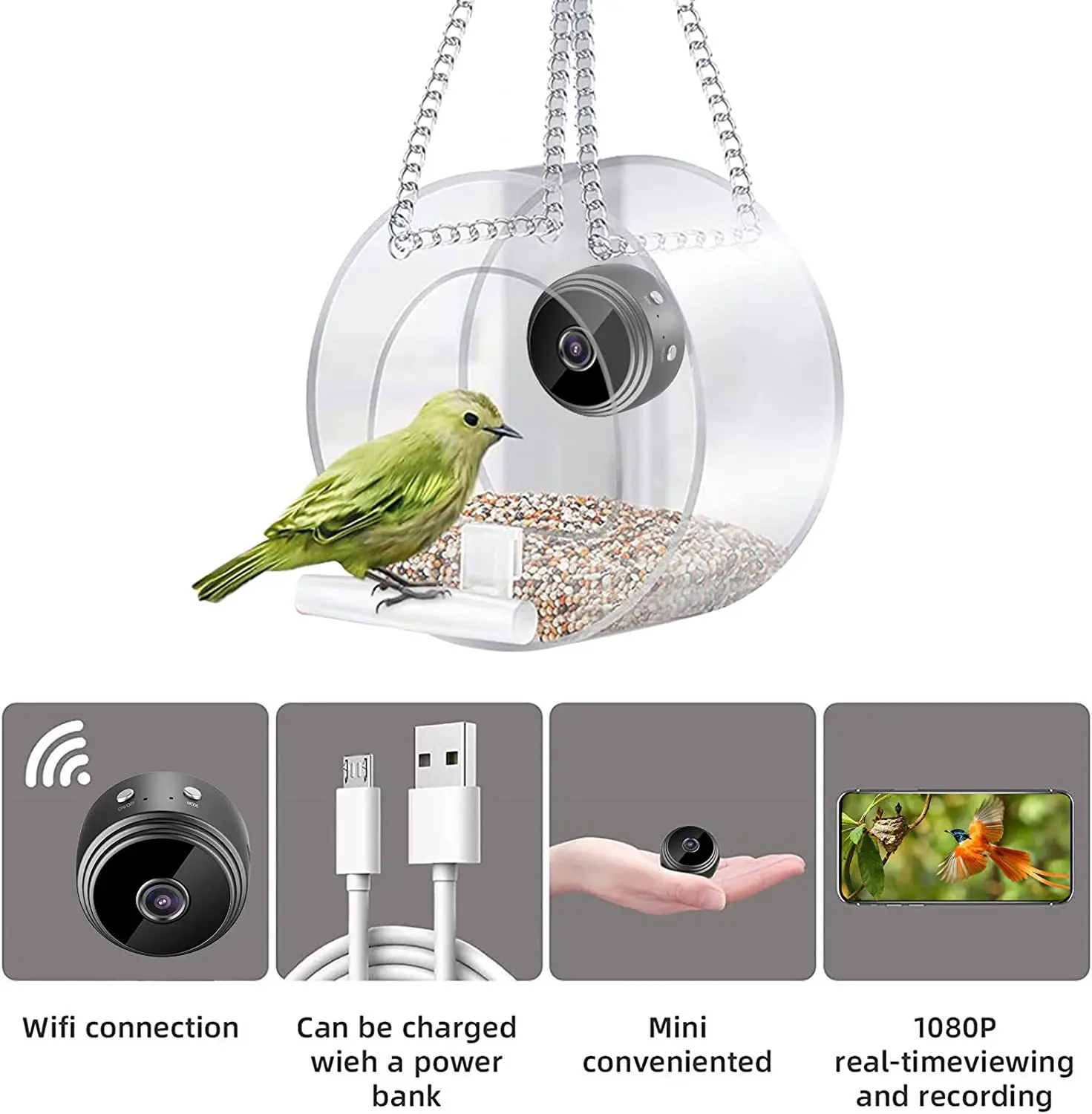 New Bird Feeder with Camera 1080P HD for Outdoor Bird Watching Proof Resistant Water Clear Transparent Bird Feeders House
