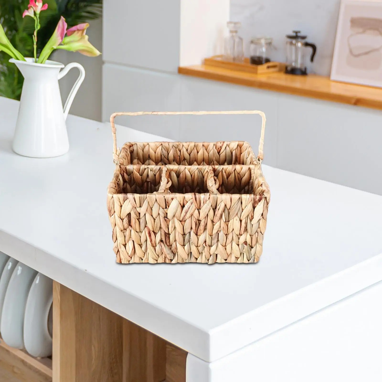 Rattan Woven Divided Storage Basket with Handle Handmade Multipurpose Cosmetics Holder 10x7.9x5.9inch for Restaurants Durable