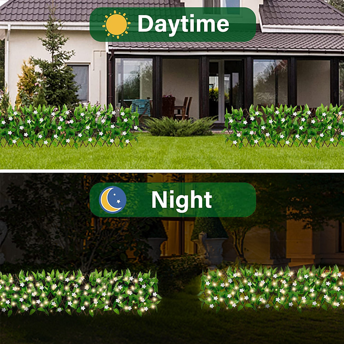 Expandable Fence Privacy Screen 30x180CM Artificial Fencing Panel with 8 Modes Solar Lights Faux Ivy Hedge Flower Fence Indoor