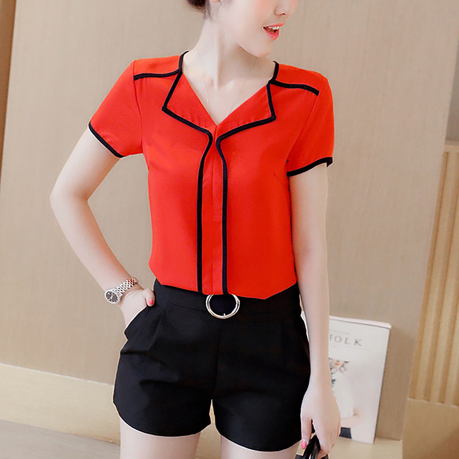 Title 9, Short Sleeved Chiffon Standing Collar Women