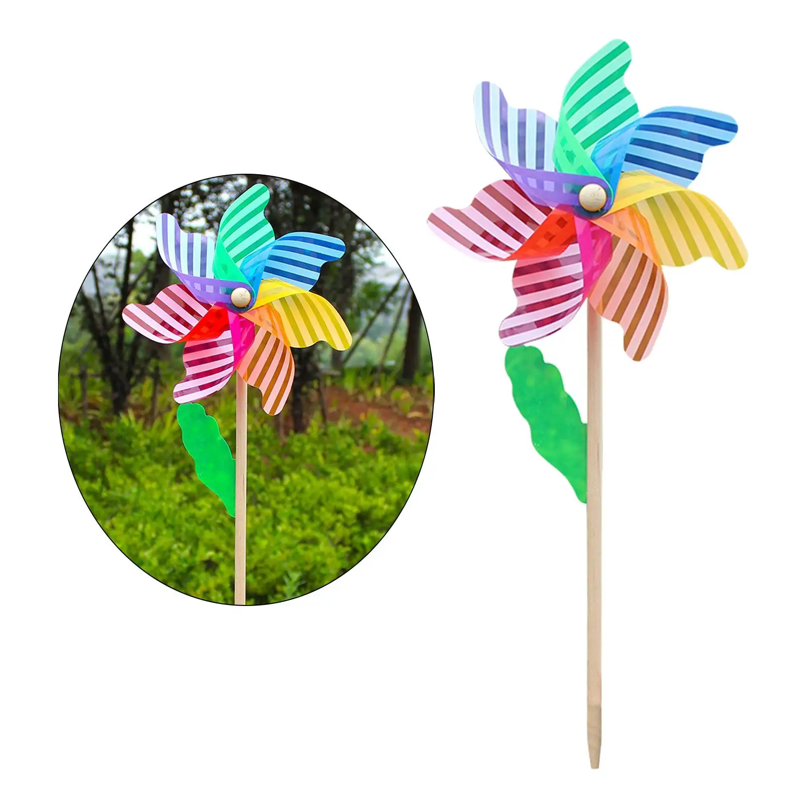 Rainbow Pinwheels with wooden Pole Outdoor Gardening Windmill Kids Toy
