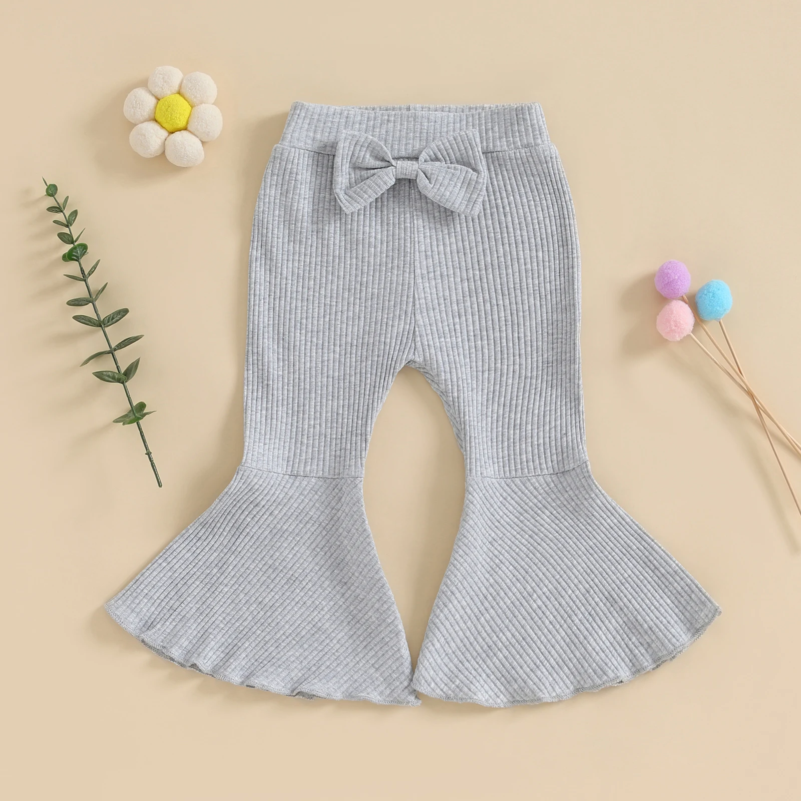 Sf416906697044905b79869977cf8b853C Cute Kids Baby Girls Flare Pants Soft Cotton Solid Color Ribbed Elastic Toddler Bell Bottoms Trousers Bow Ruffle Pants for Child