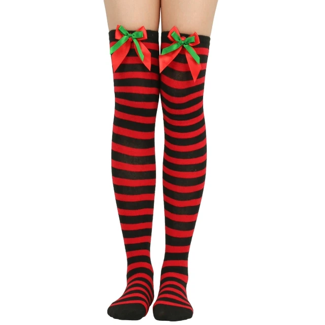 2 Pcs Christmas Striped Stockings Gloves High Knee Socks Long Arm Warmer  Gloves Women Red White Striped Tights Pantyhose