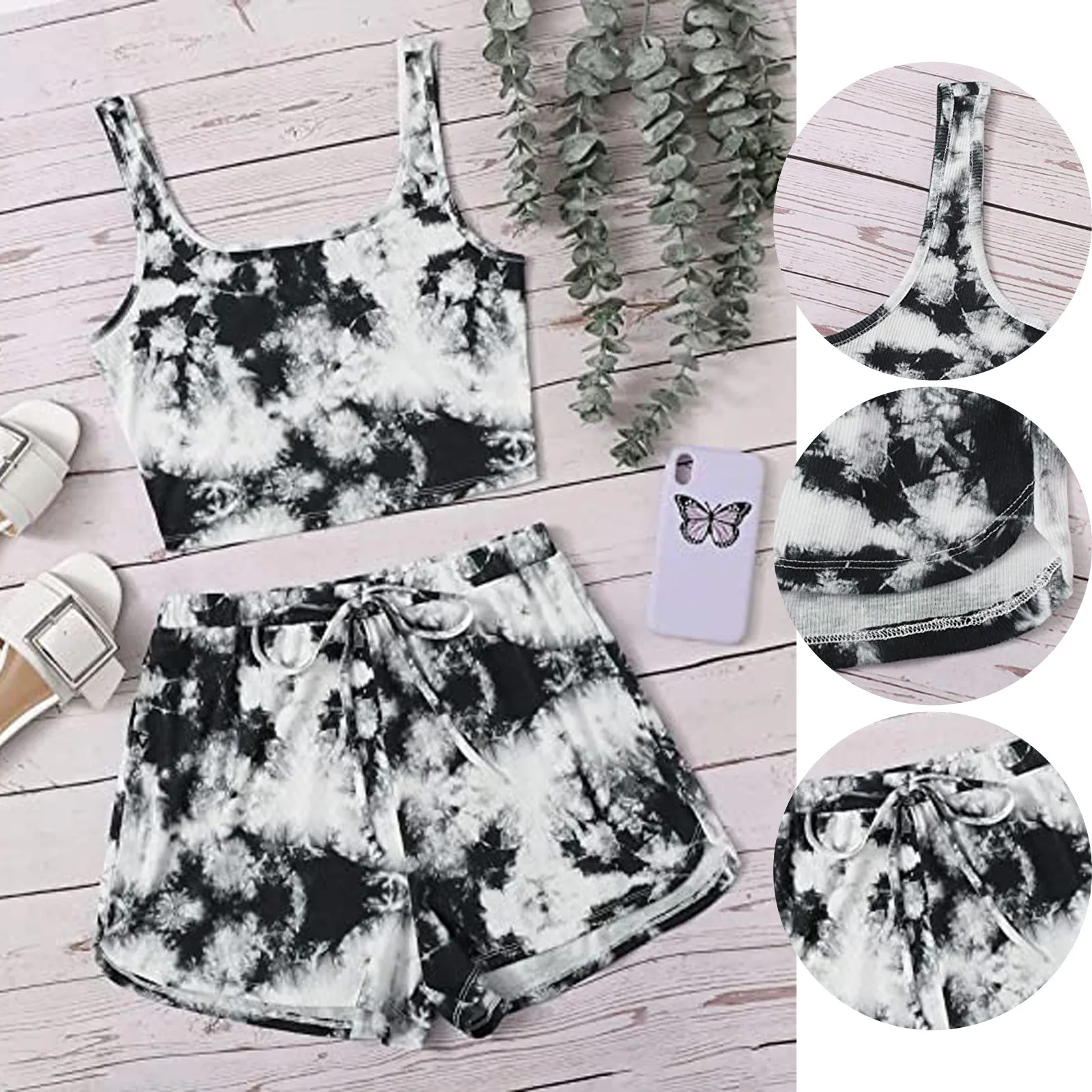 cute two piece sets 2PCS/Set Sexy Women Sleeveless Tie Dye Strap Bustiers Tank Vest Crop Tops Lace Up High Waist Shorts Trousers Tracksuit Summer two piece skirt set