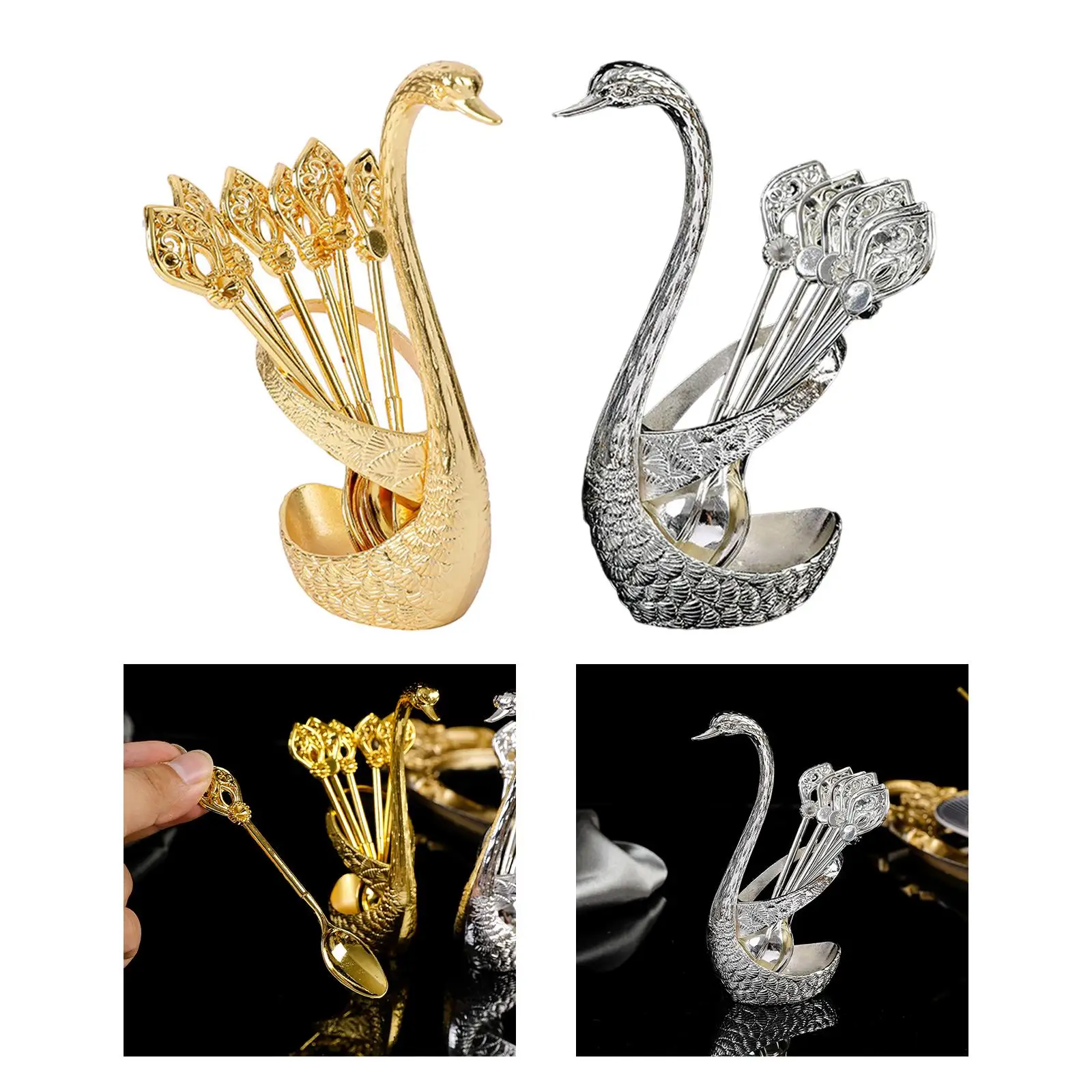 Dessert Spoon Set with 6Pcs Spoons Household Tableware Decorative Swan Base Holder for Ice Cream Coffee Stirring