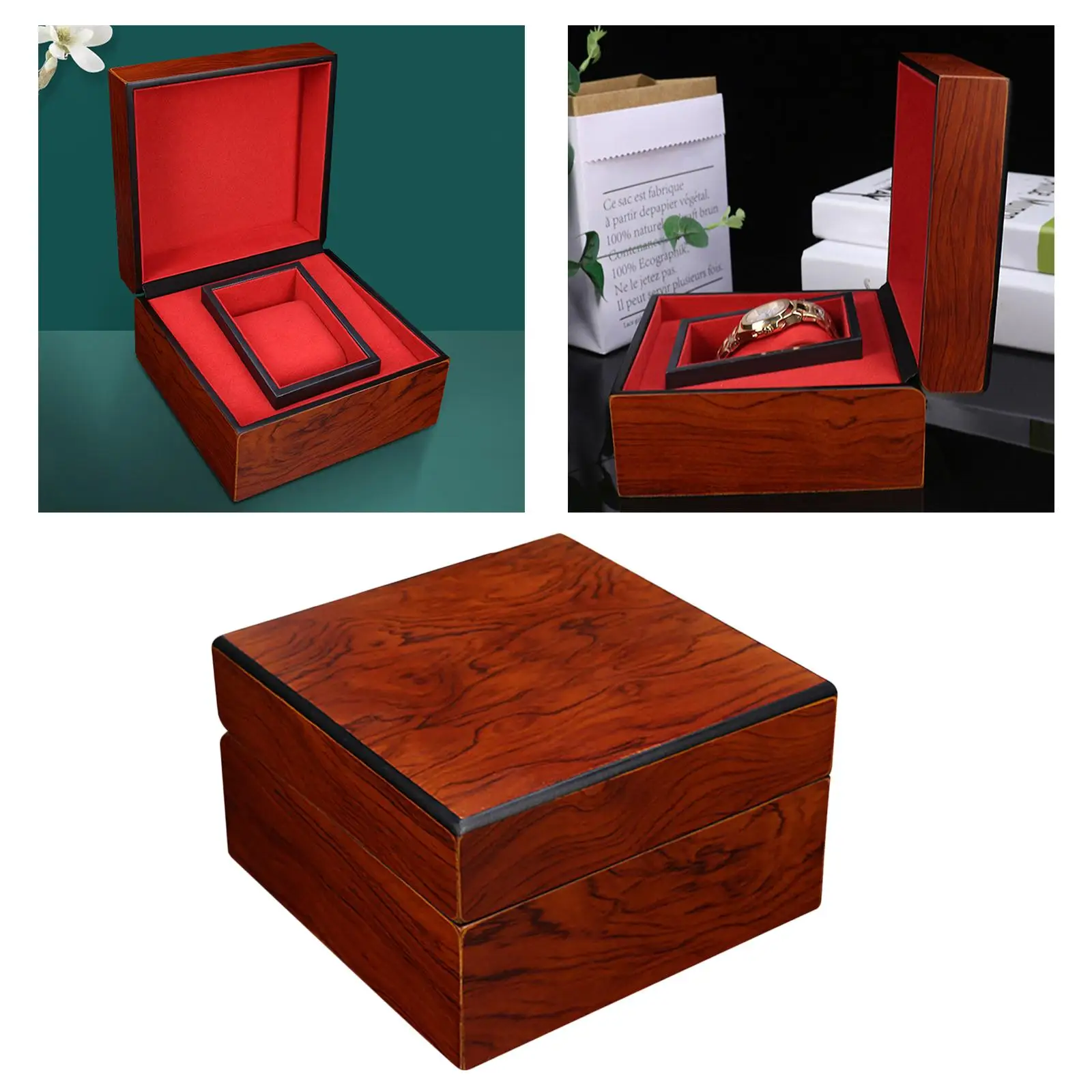 Wood Watch Case Jewelry Storage with Red Pillow Wristwatch Display Holder